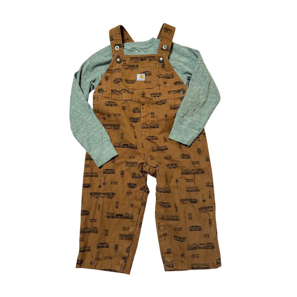 Carhartt Baby 2 Piece Set Bib Overalls 24M Brown Print Green Long Sleeve Shirt